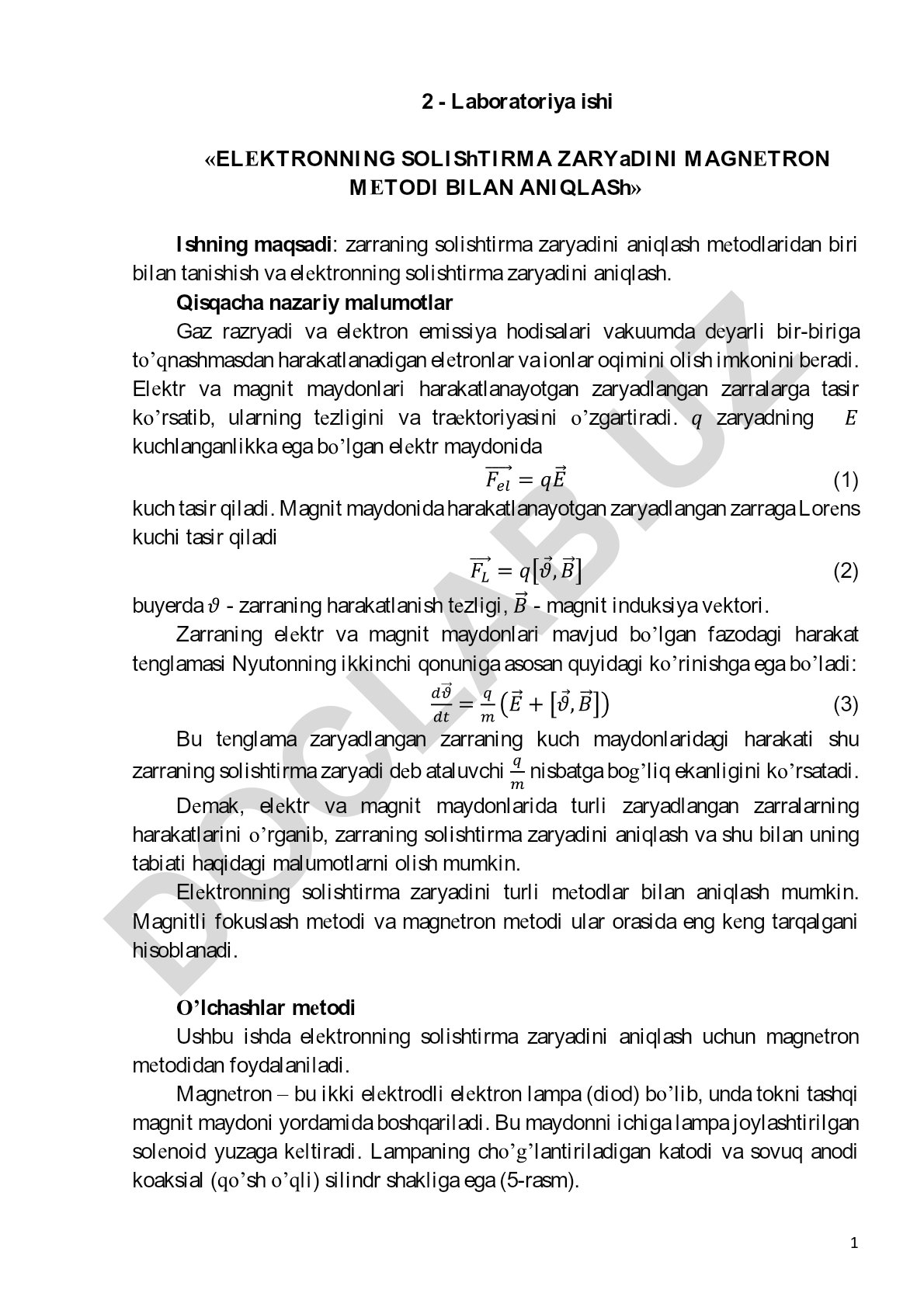 Elektronning solishtirma zaryadini magnitron metodi bilan aniqlash