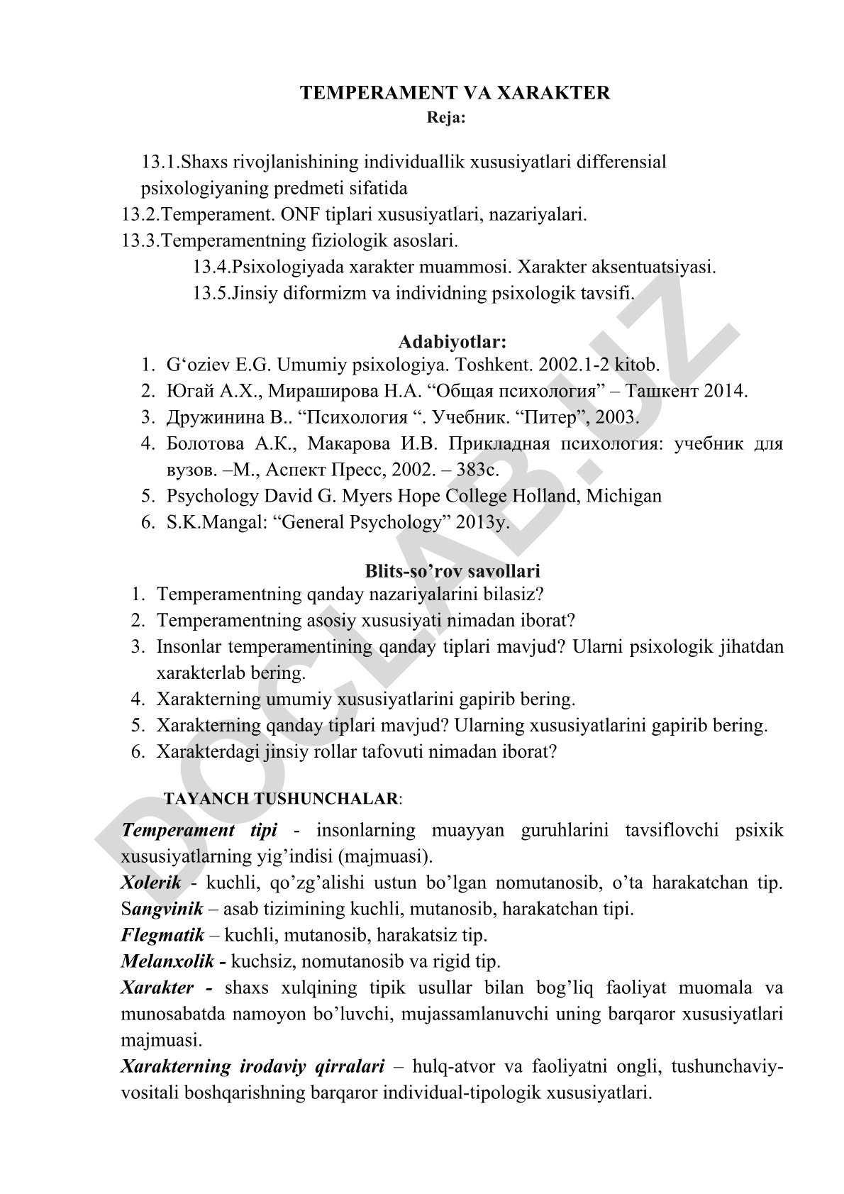 Temperament va xarakterning psixologik xususiyatlari