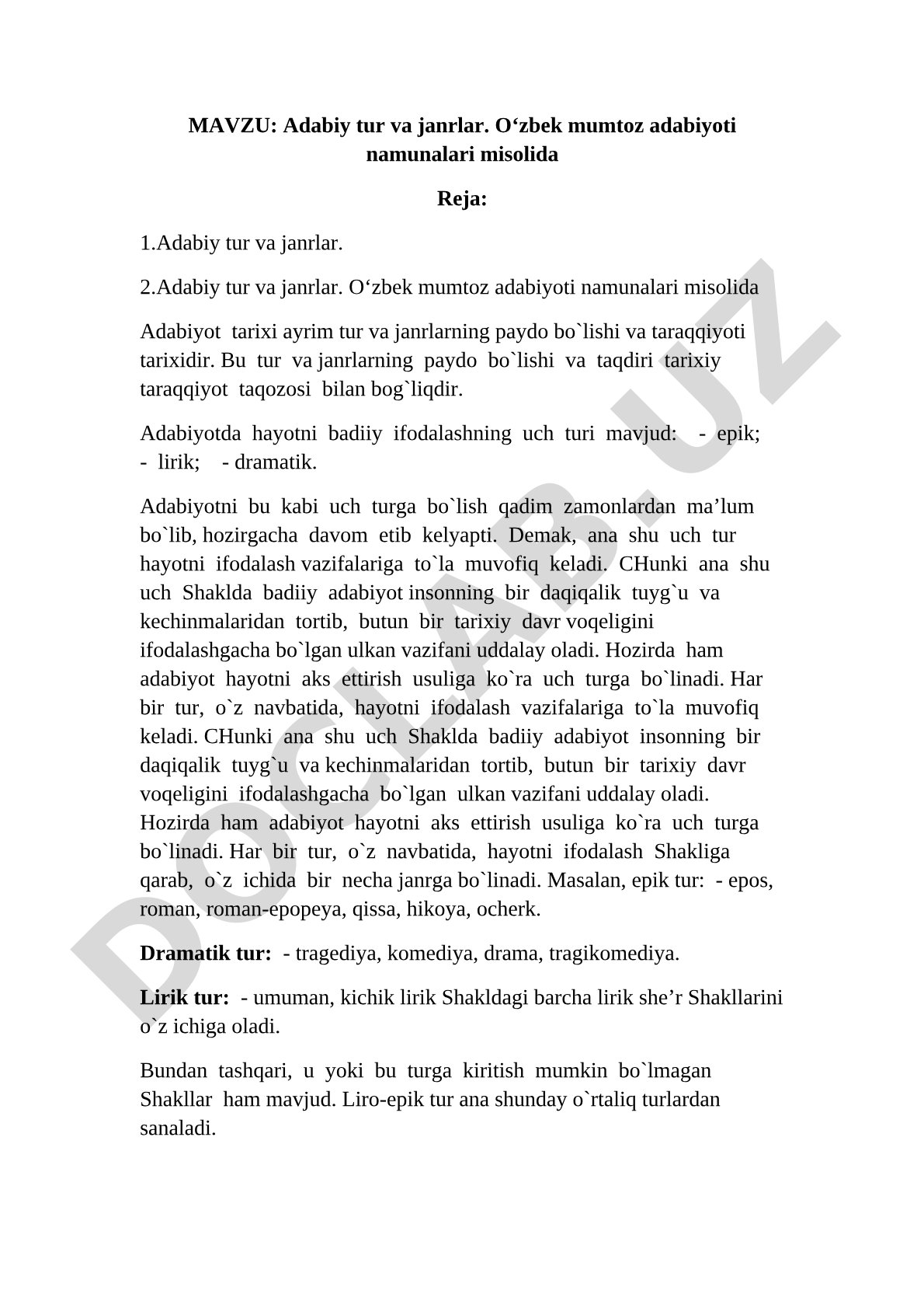 Аdаbiy tur vа jаnrlаr. O‘zbеk mumtоz аdаbiyoti nаmunаlаri misоlidа