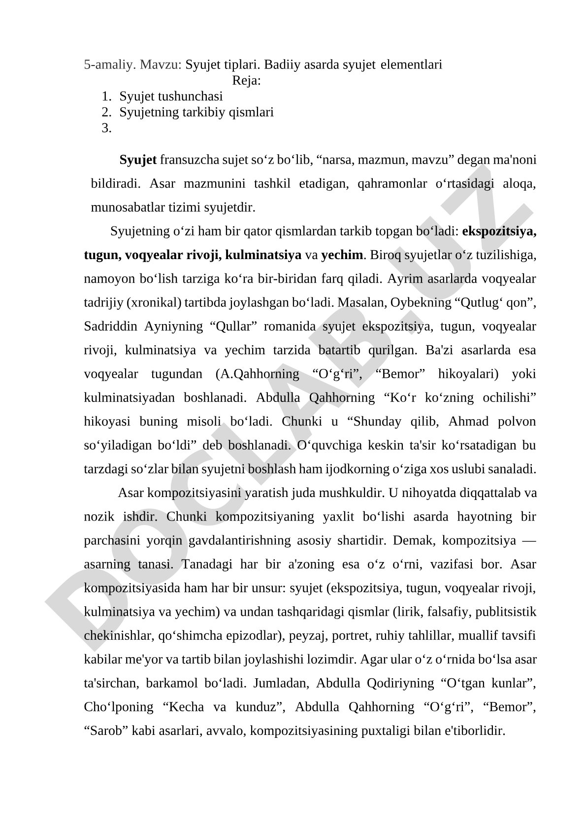 Syujet tiplari. Badiiy asarda syujet elementlari