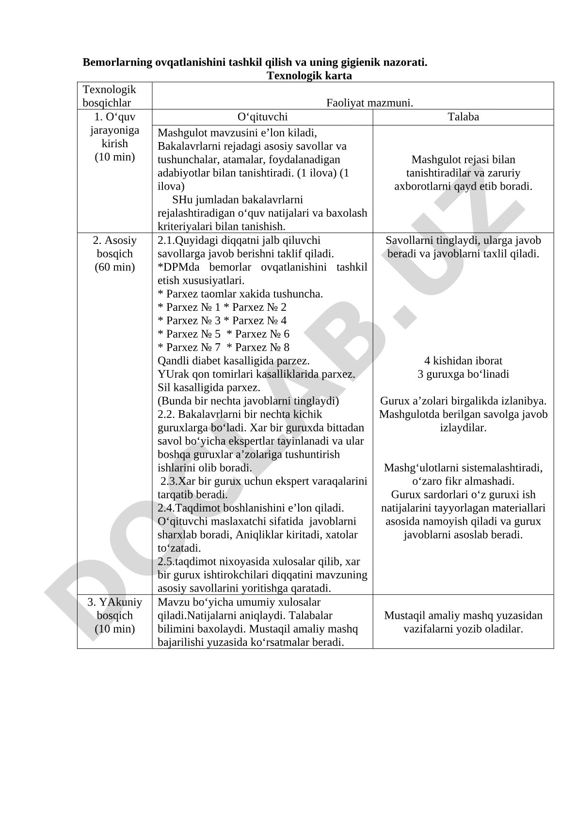 Bemorlarning ovqatlanishini tashkil qilish va uning gigienik nazorati