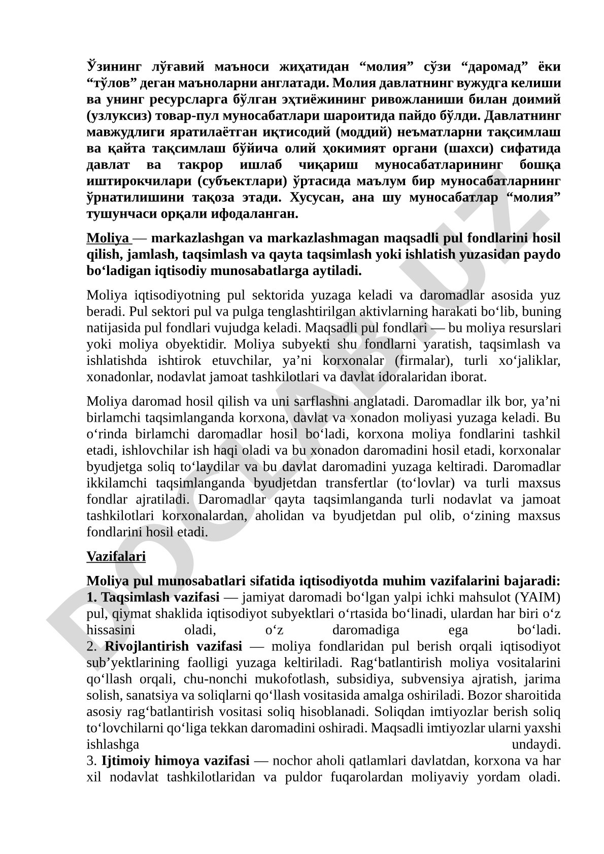 Moliya tushunchasi va uning iqtisodiy munosabatlardagi o'rni