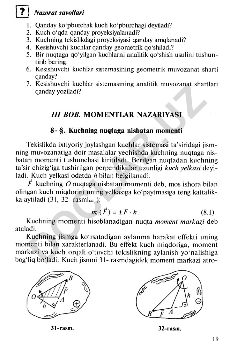 Kuchlar sistemasi va momentlar nazariyasi