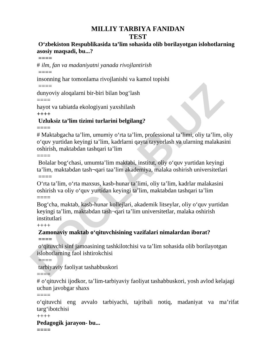 Milliy tarbiya fanidan test savollari