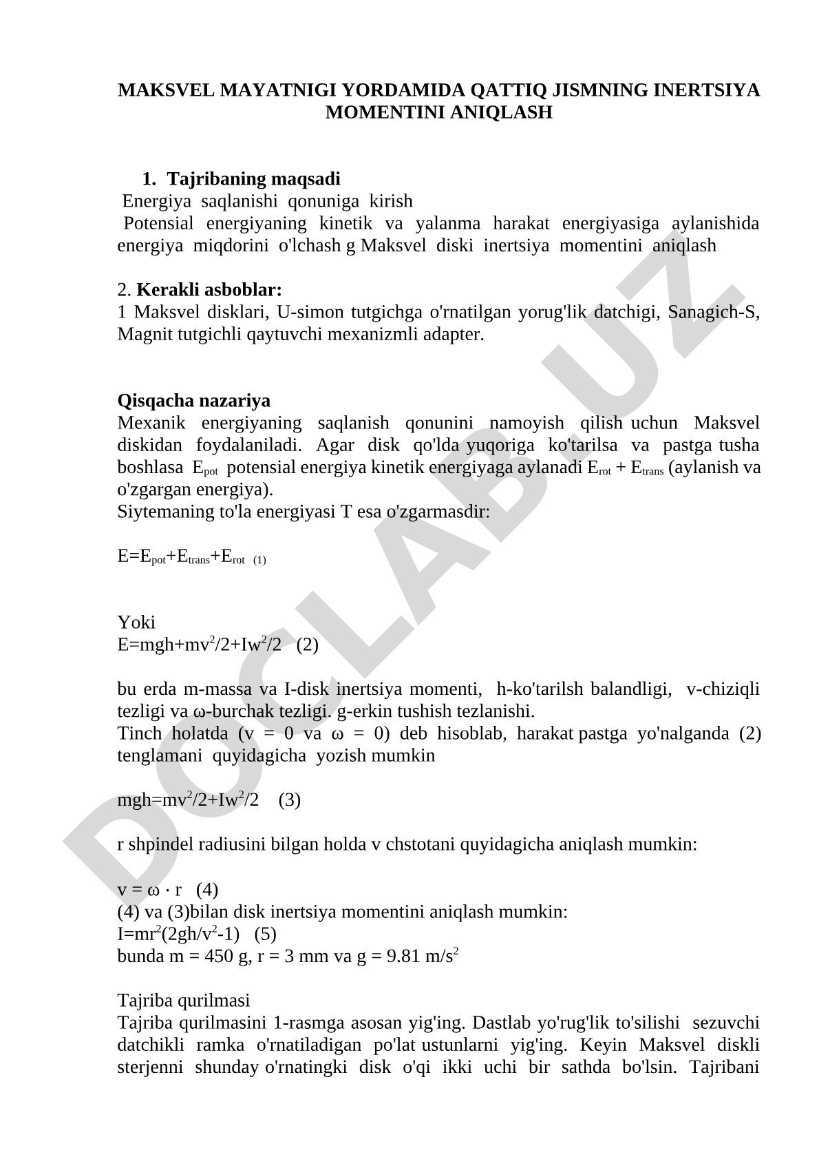 Maksvel mayatnigi yordamida qattiq jismning inertsiya momentini aniqlash