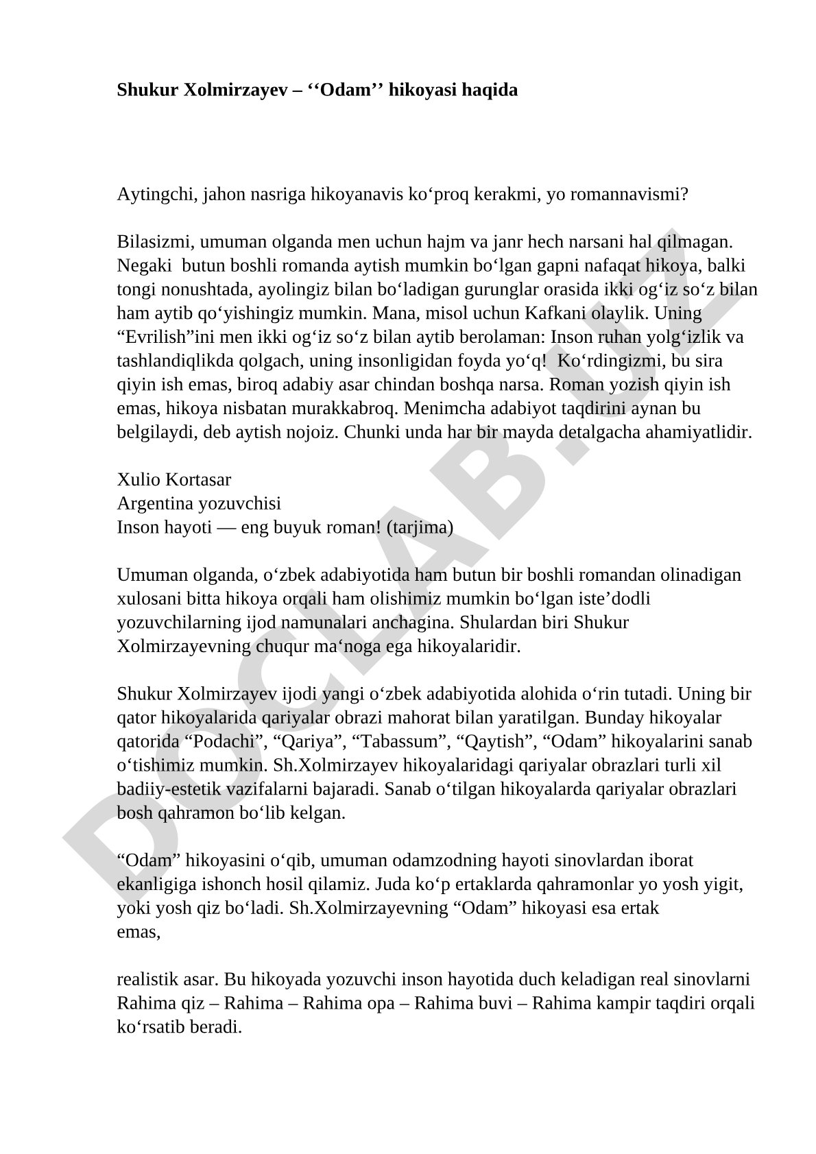 Shukur Xolmirzayev – 'Odam' hikoyasi haqida