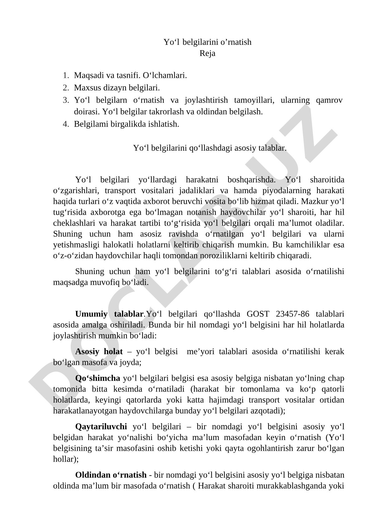 Yo‘l belgilarini o‘rnatish va ularga qo‘yiladigan talablar
