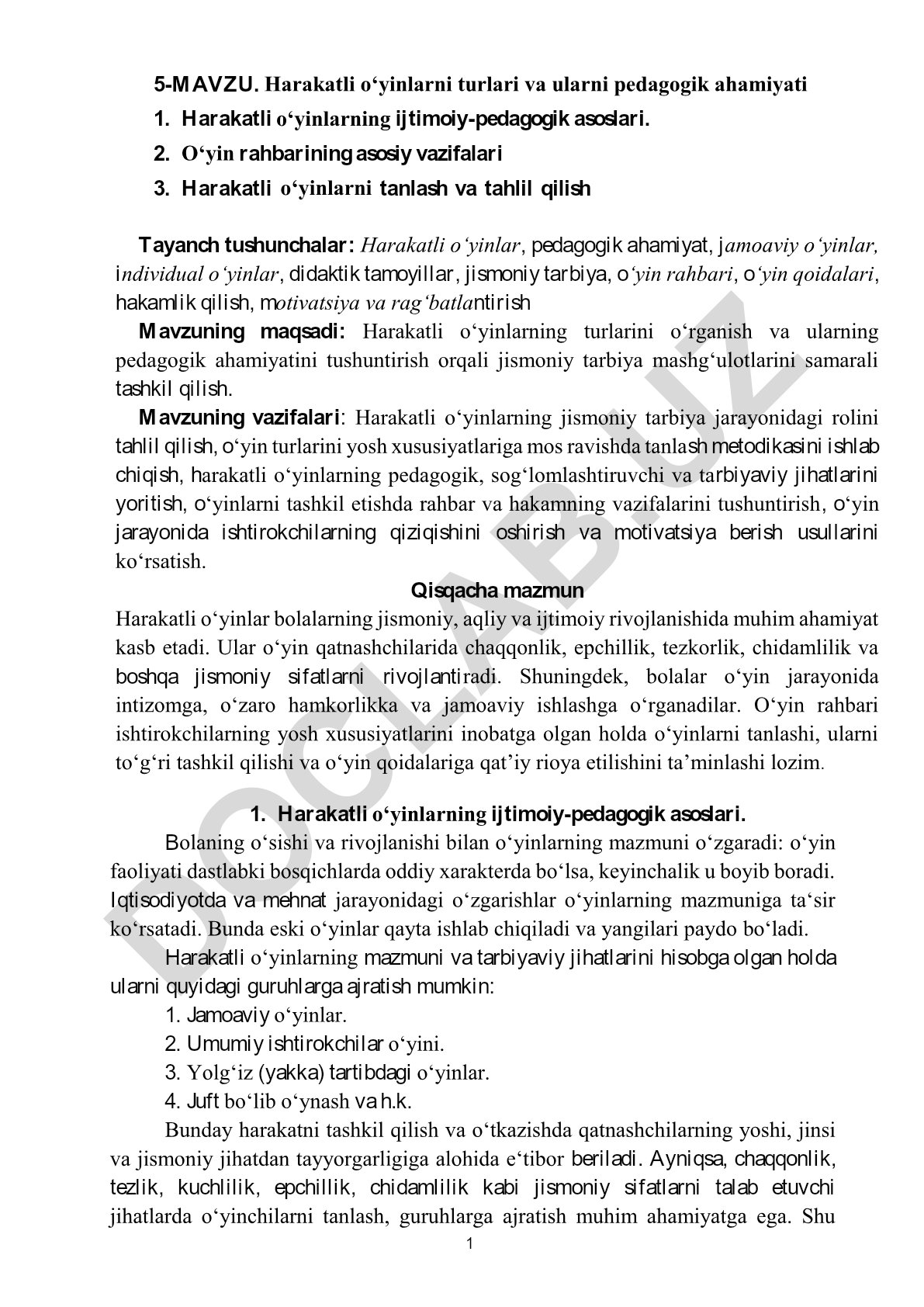 Harakatli oʻyinlarni turlari va ularni pedagogik ahamiyati