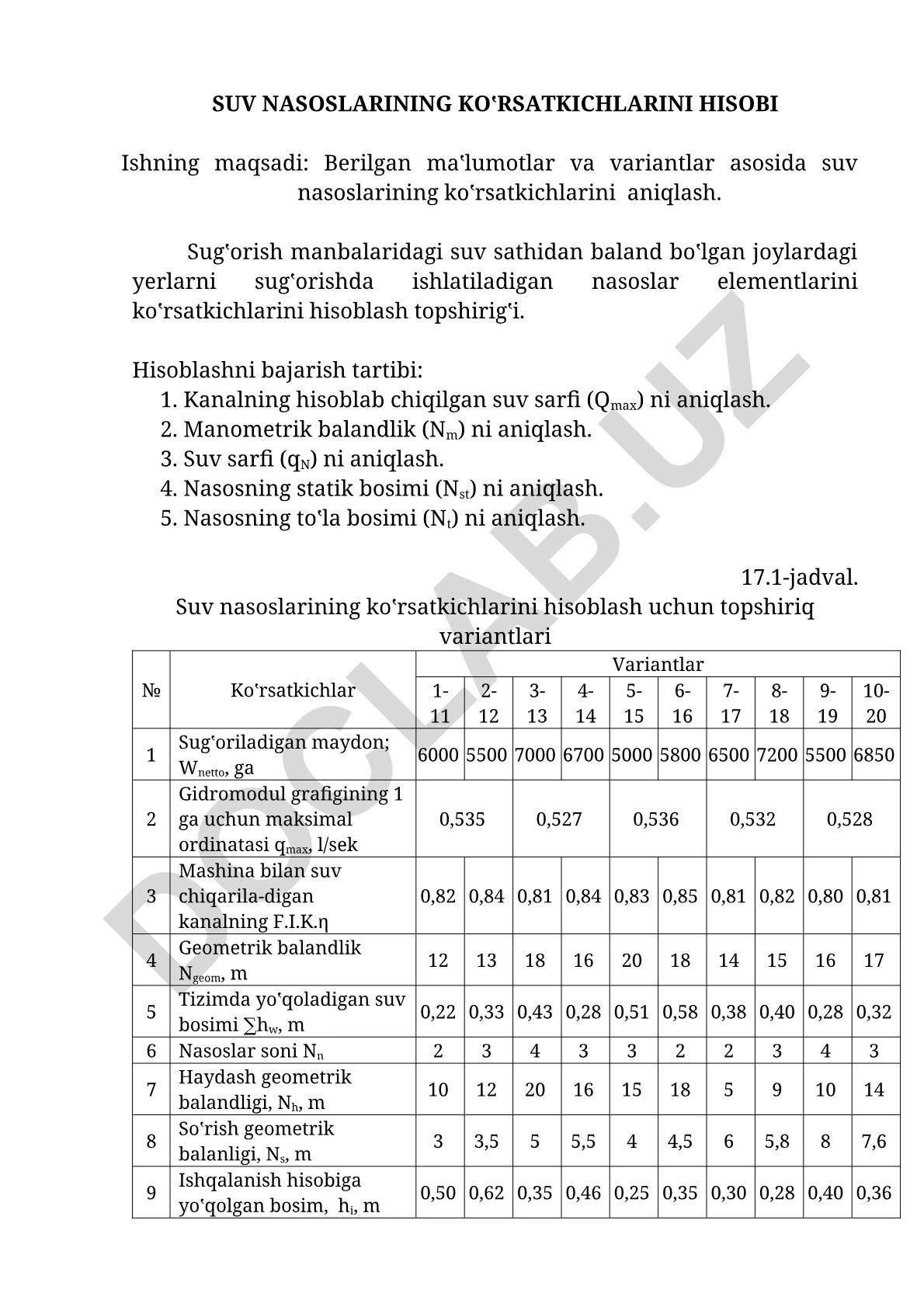 Suv nasoslarining ko'rsatkichlarini hisobi