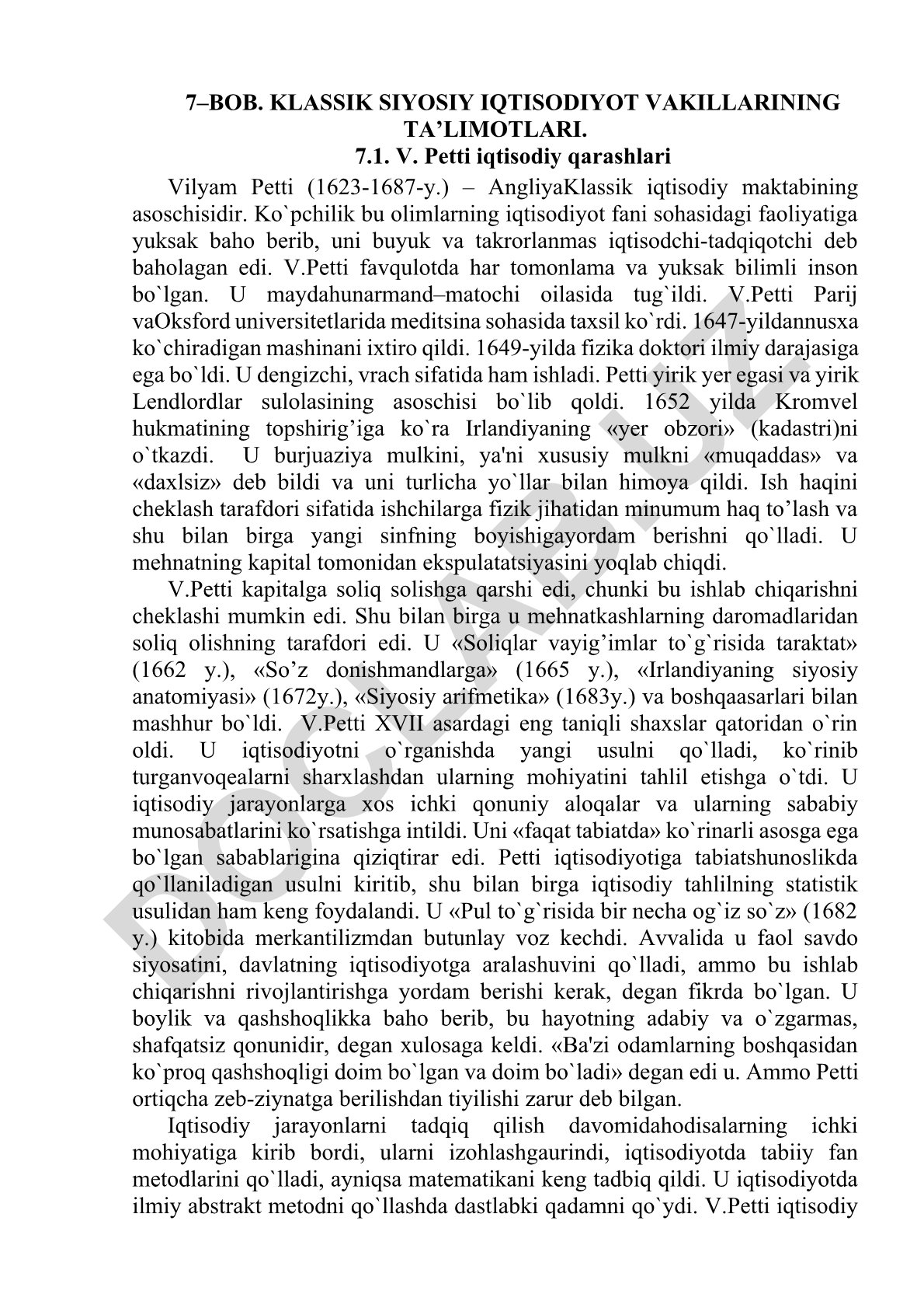 Klassik siyosiy iqtisodiyot vakillarining ta'limotlari: Vilyam Petti iqtisodiy qarashlari
