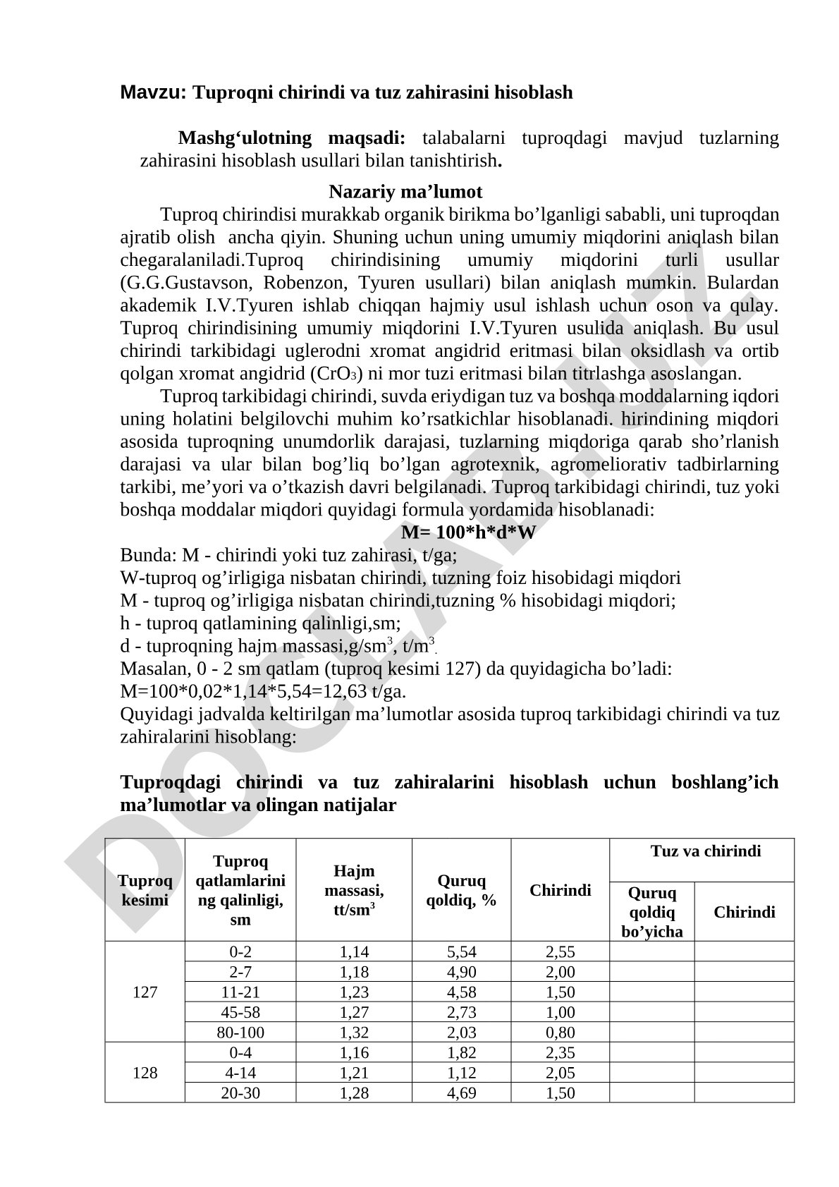 Tuproqni chirindi va tuz zahirasini hisoblash