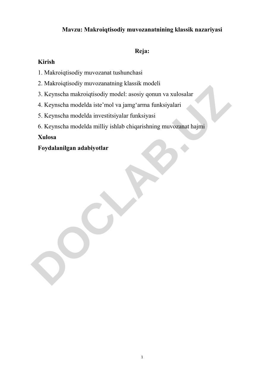 Makroiqtisodiy muvozanatnining klassik nazariyasi