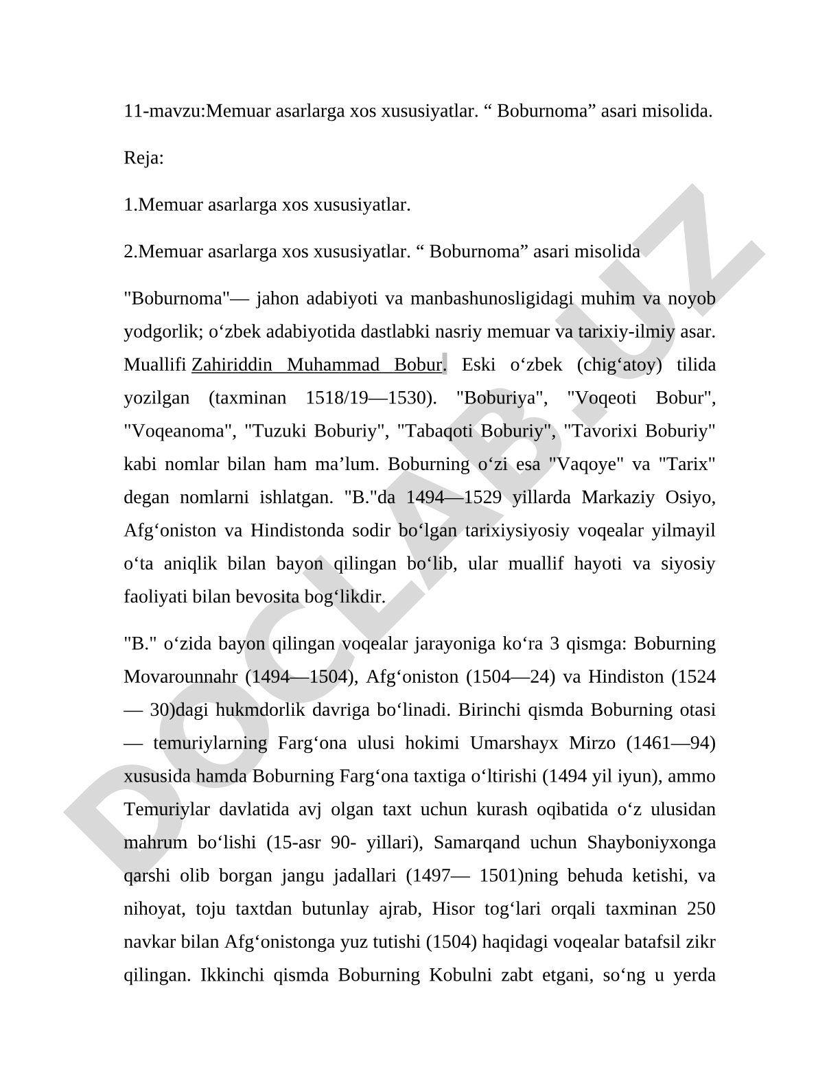Memuar asarlarga xos xususiyatlar. “Boburnoma” asari misolida.
