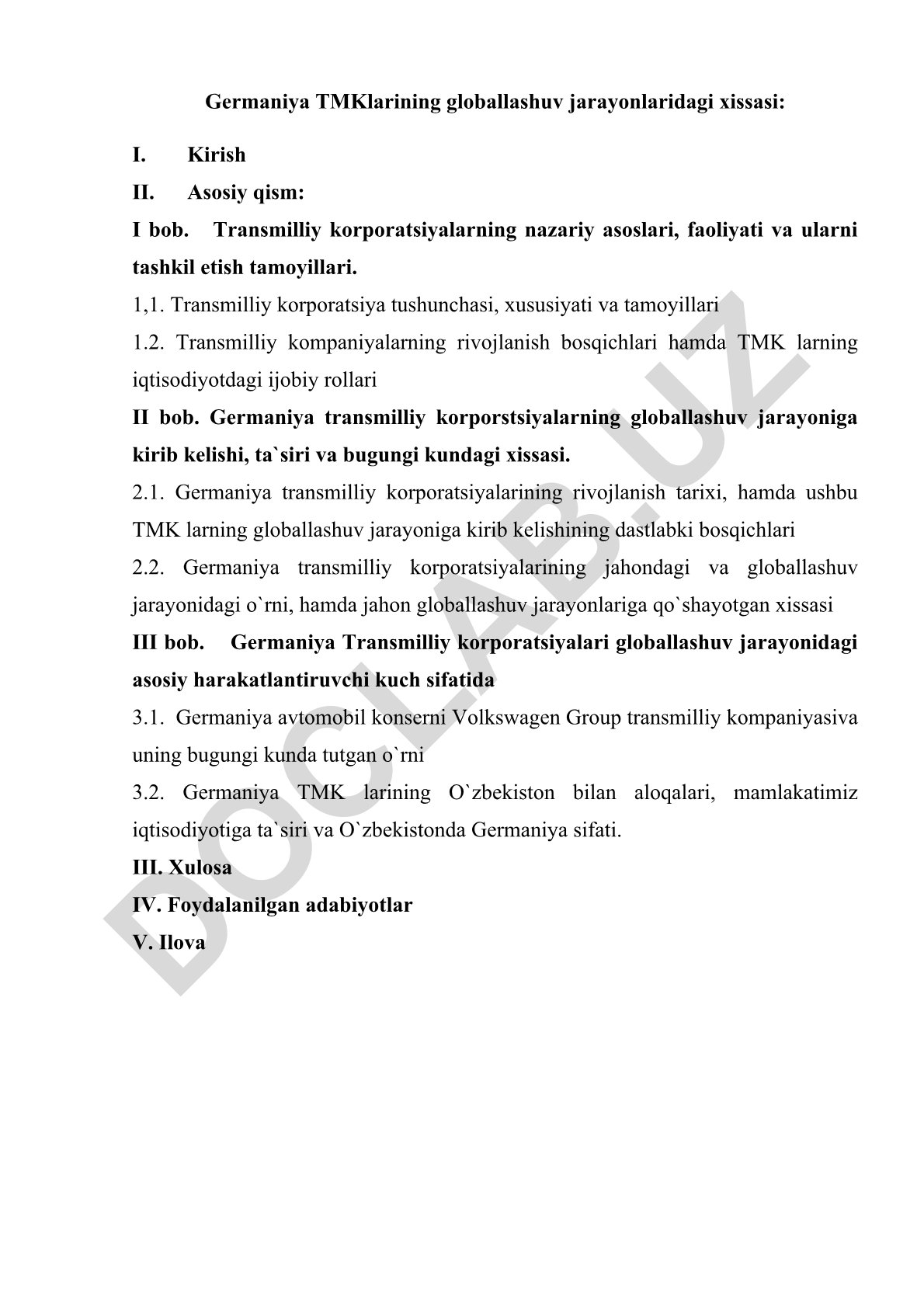 Germaniya transmilliy korporatsiyalarining globallashuv jarayonlaridagi xissasi