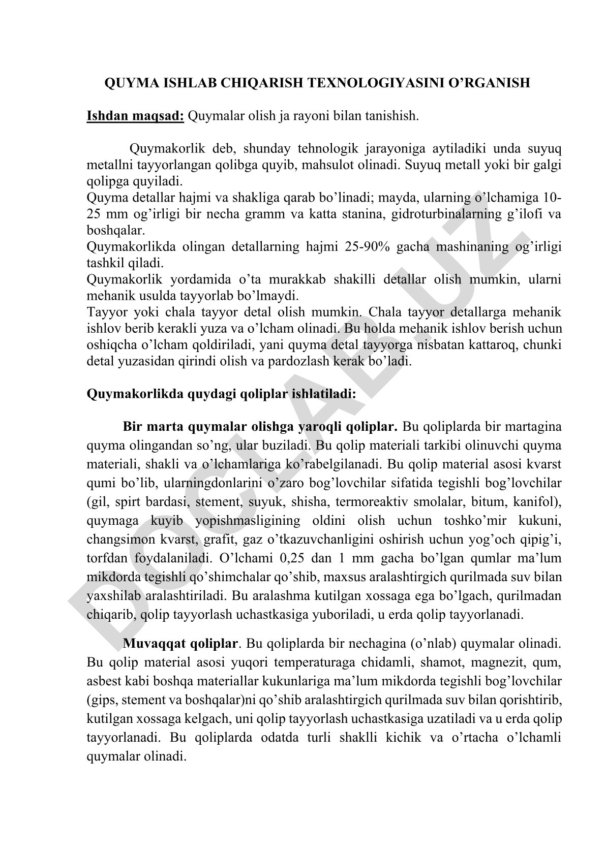 Quyma ishlab chiqarish texnologiyasini o'rganish