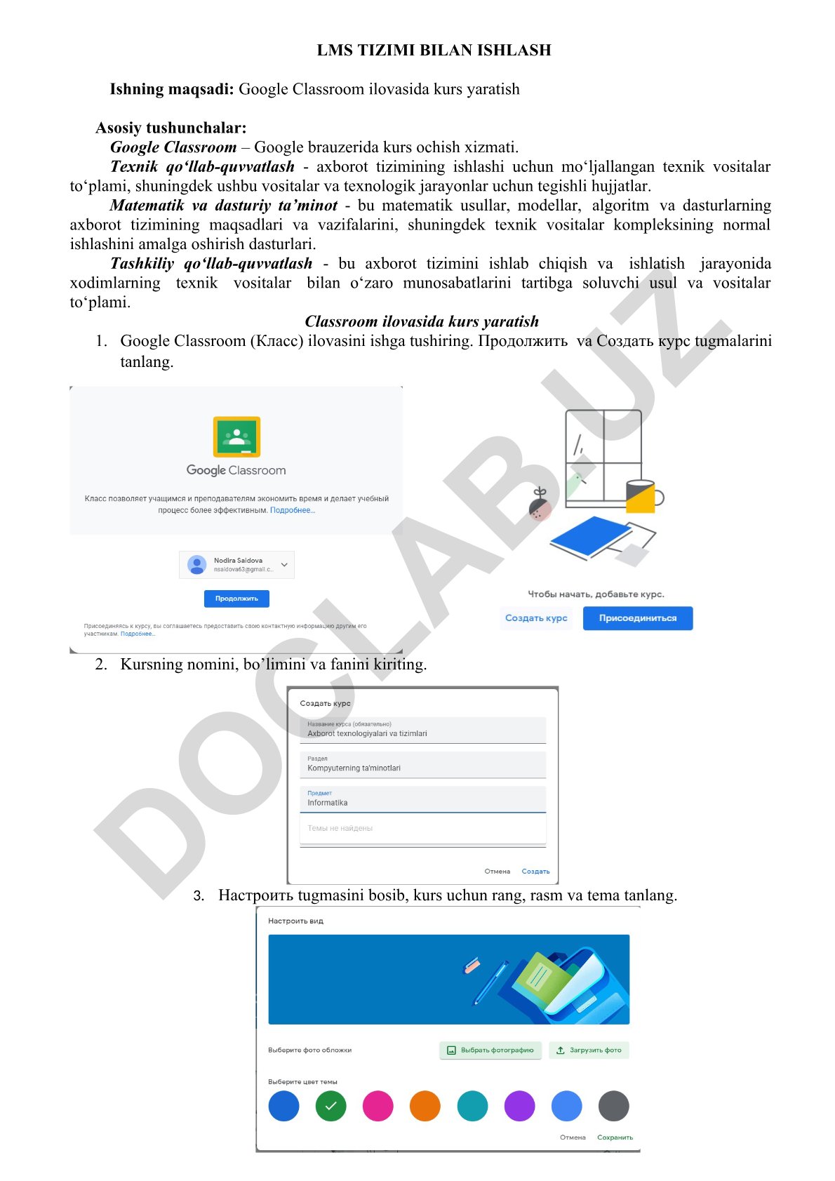 Google Classroom ilovasida kurs yaratish