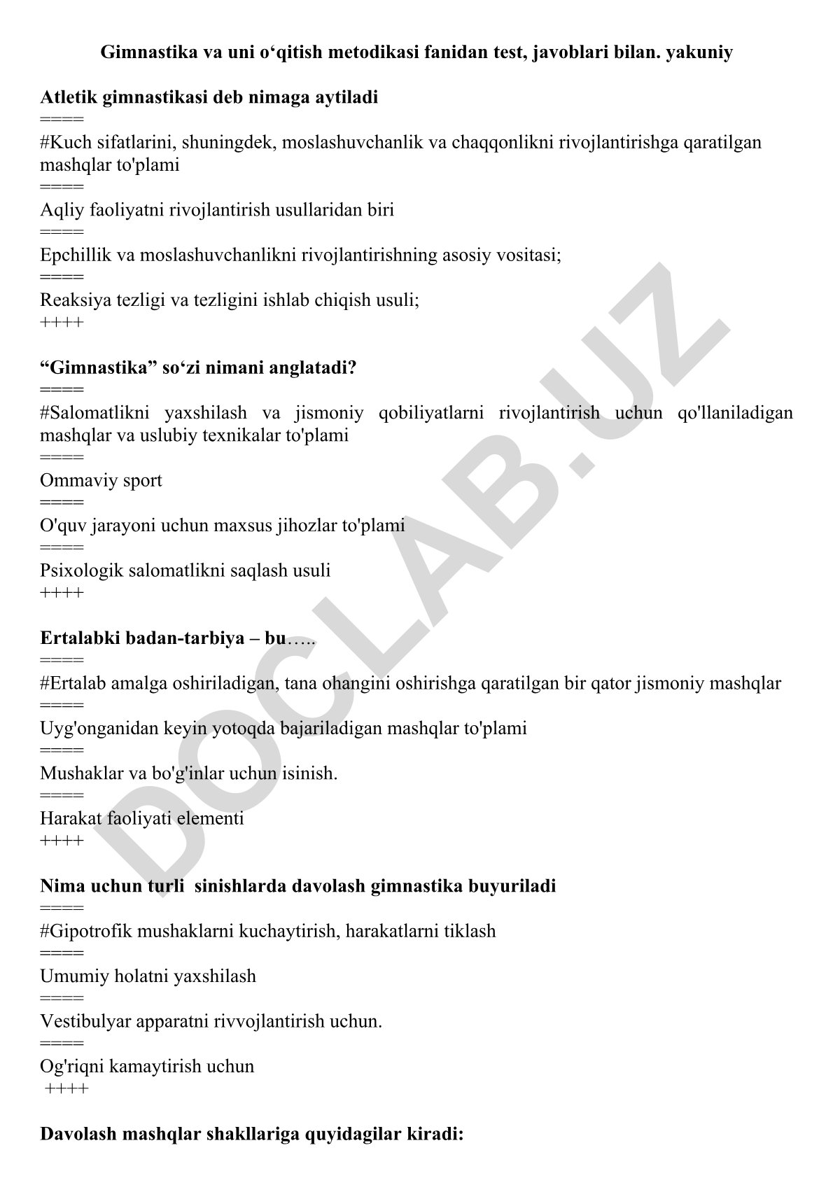 Gimnastika va uni o‘qitish metodikasi fanidan test