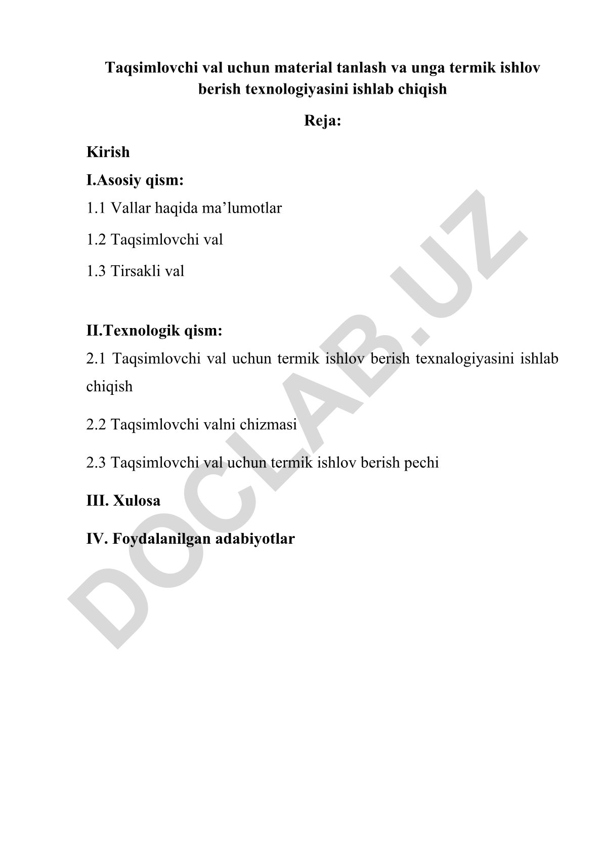 Taqsimlovchi val uchun material tanlash va termik ishlov berish texnologiyasini ishlab chiqish