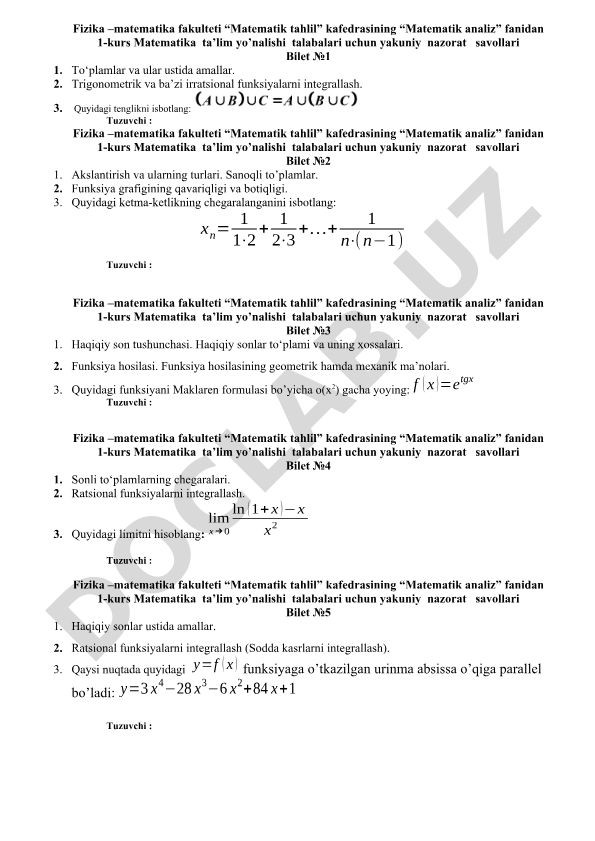 Matematik analiz fanidan 1-kurs talabalari uchun yakuniy nazorat savollari