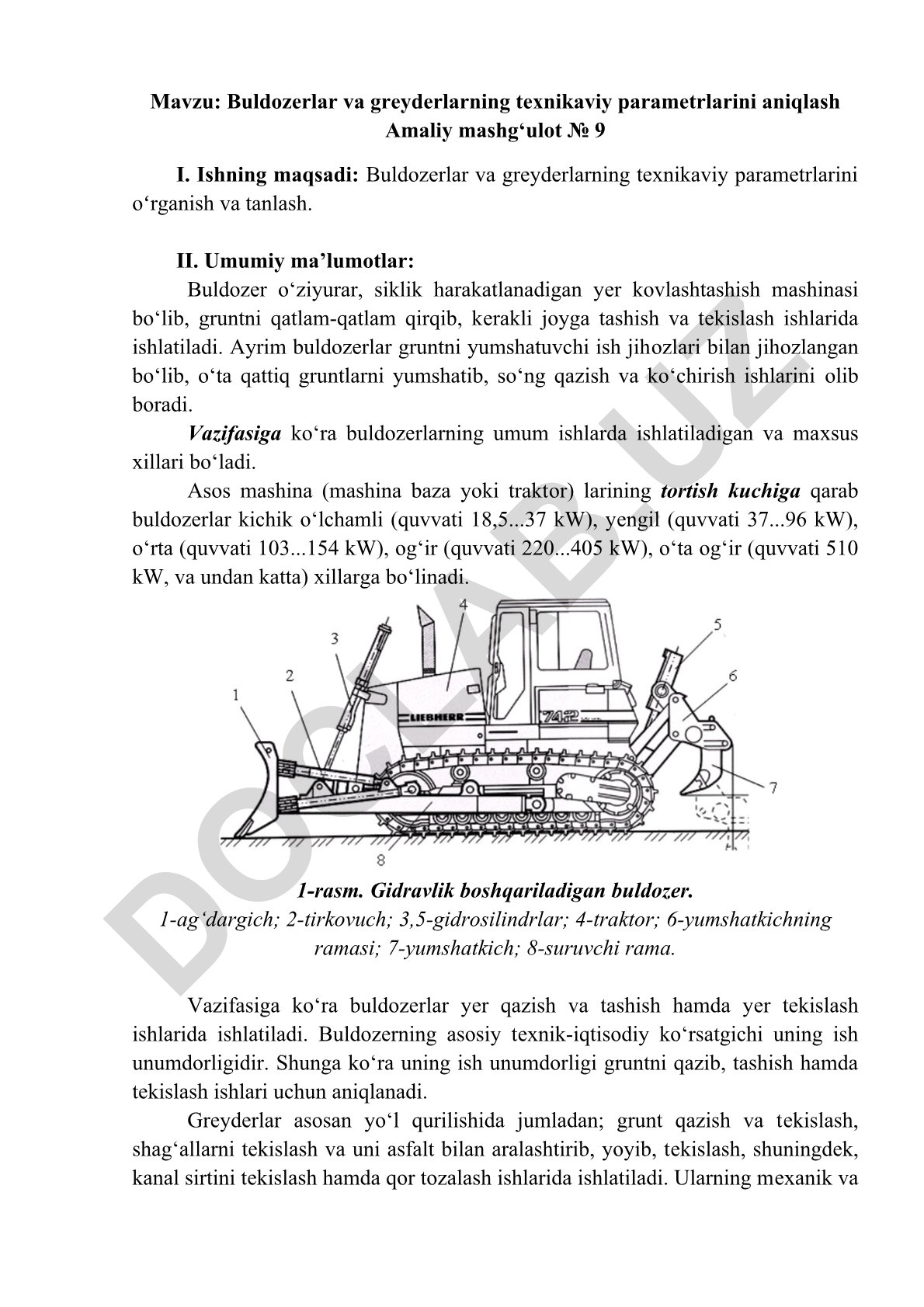 Buldozerlar va greyderlarning texnikaviy parametrlarini aniqlash