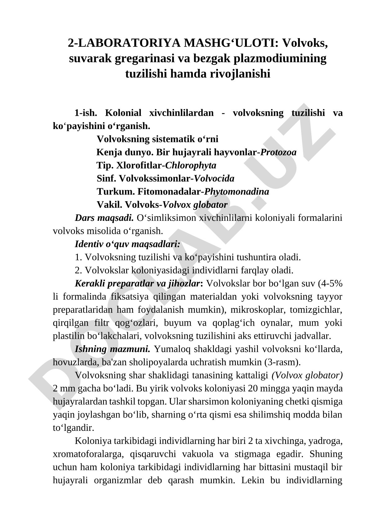 Volvoks, suvarak gregarinasi va bezgak plazmodiumining tuzilishi hamda rivojlanishi