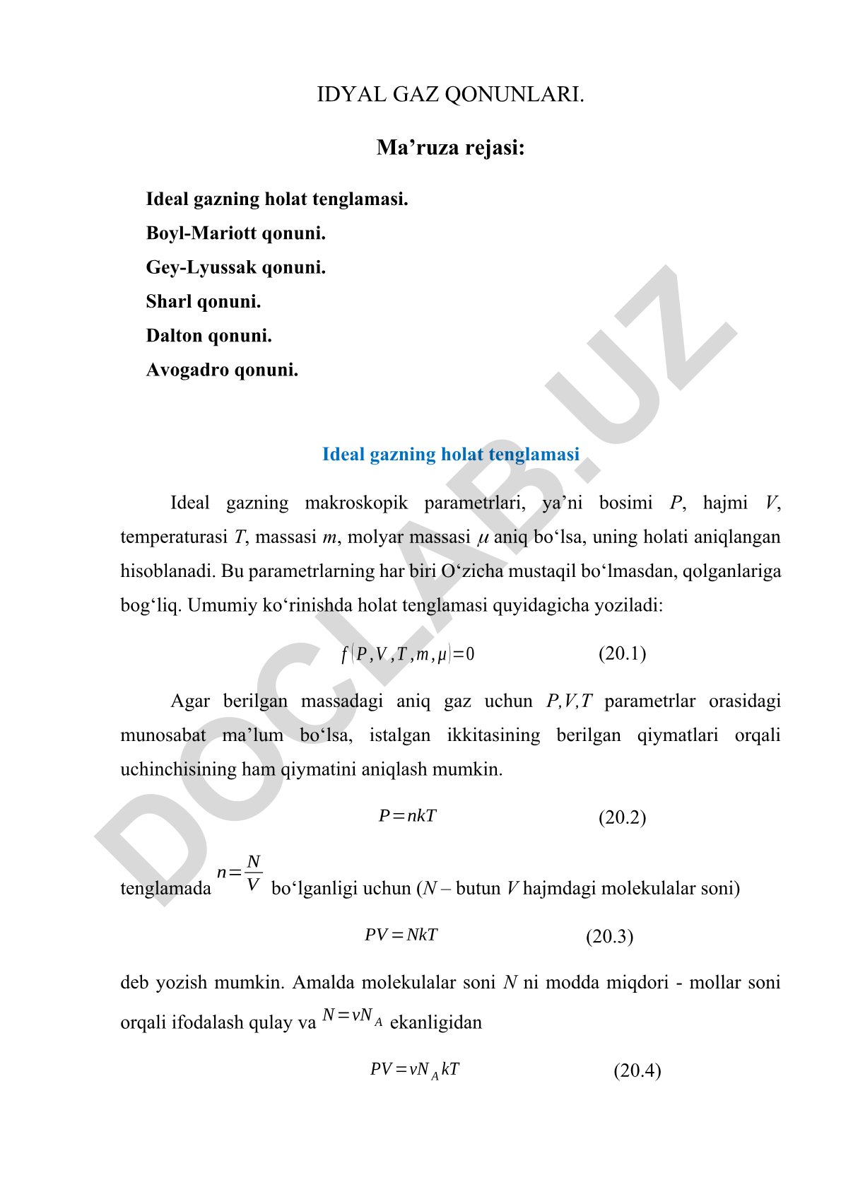 Ideal gaz qonunlari va holat tenglamasi