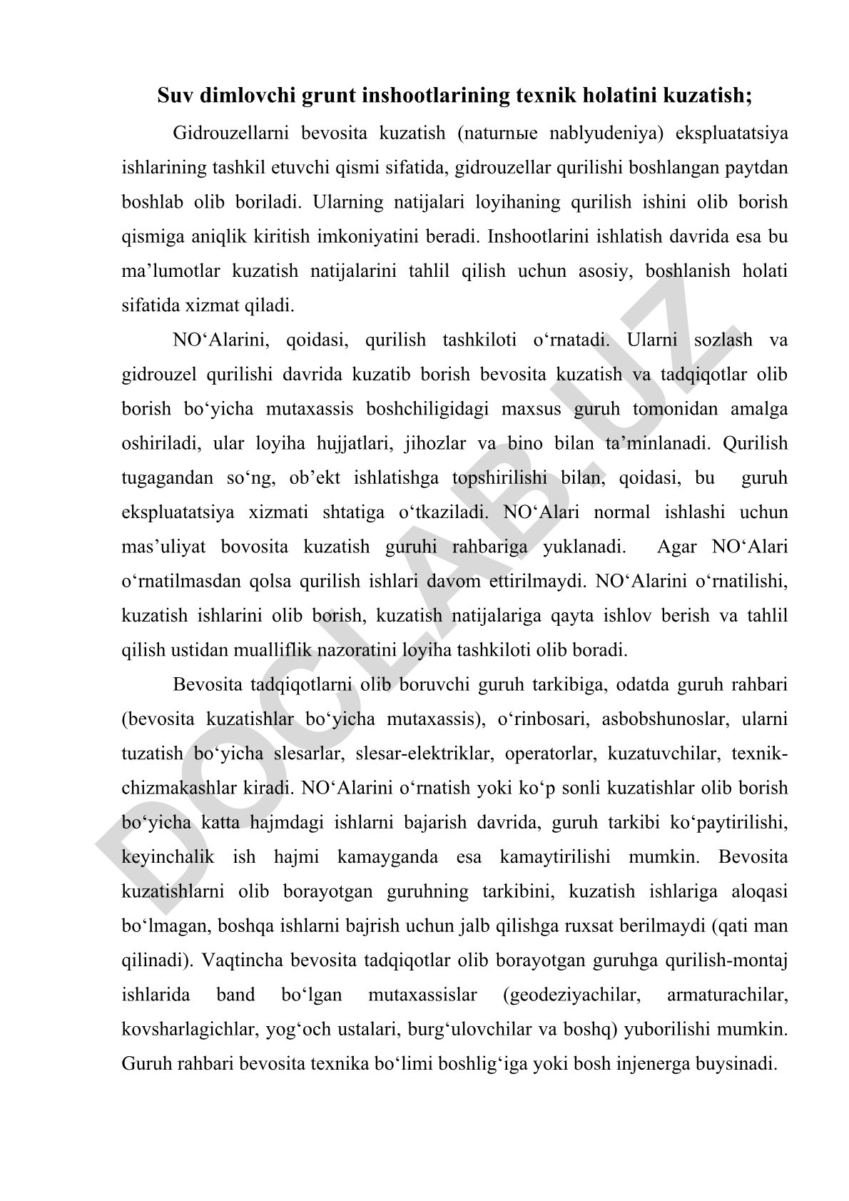 Suv dimlovchi grunt inshootlarining texnik holatini kuzatish va gidrouzellarni bevosita kuzatish