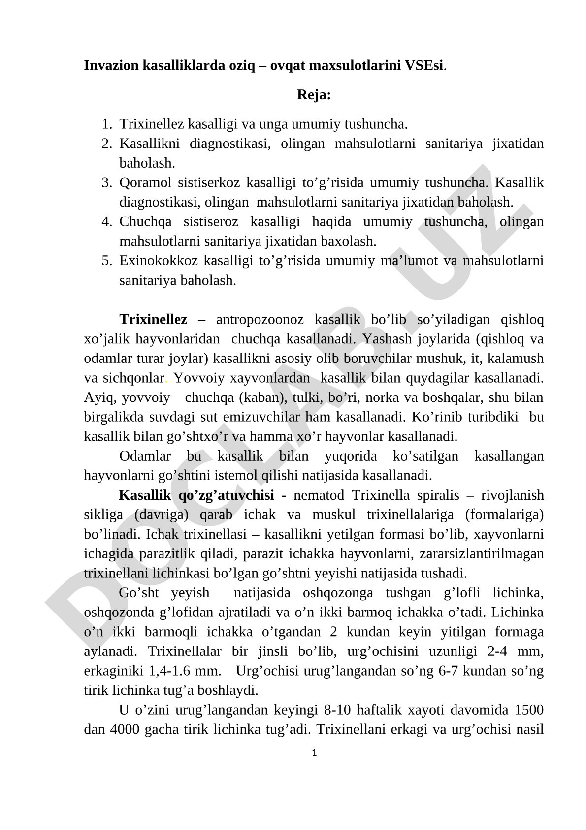 Invazion kasalliklarda oziq-ovqat mahsulotlarini VSEsi