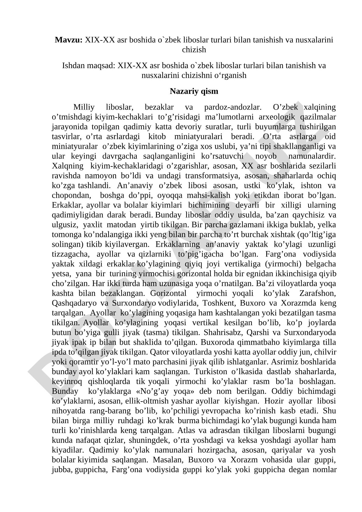 XIX-XX asr boshida o'zbek liboslari turlari bilan tanishish va nusxalarini chizish