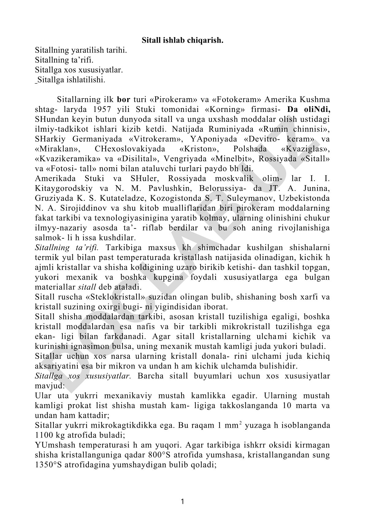 Sitall ishlab chiqarish, tarixi, xususiyatlari va qo'llanilishi