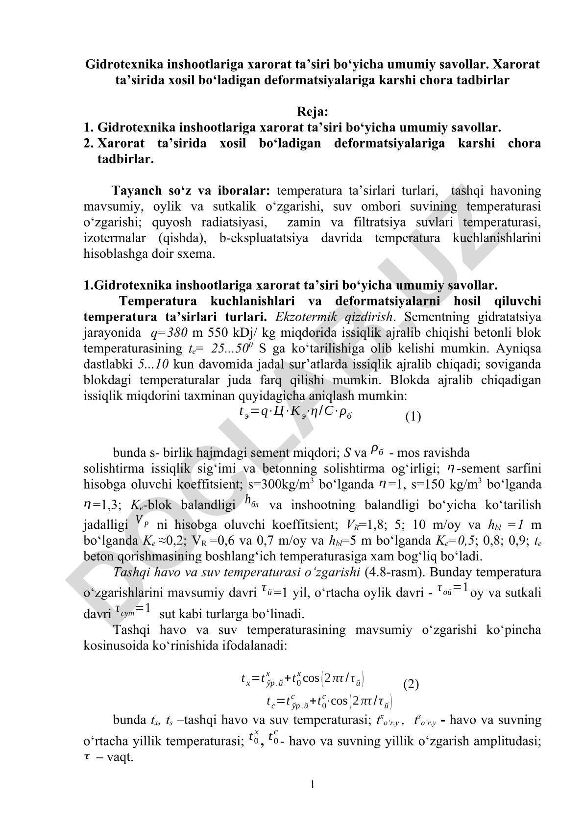 Gidrotexnika inshootlariga xarorat ta'siri va deformatsiyalarga qarshi chora-tadbirlar