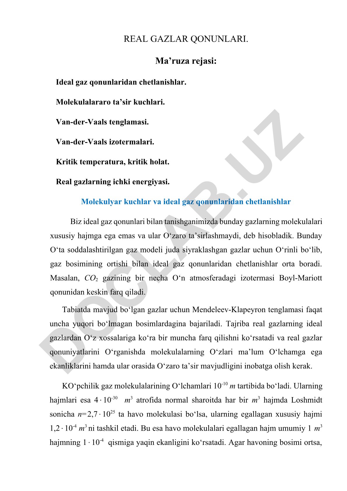 Real gazlar qonunlari va ideal gaz qonunlaridan chetlanishlar