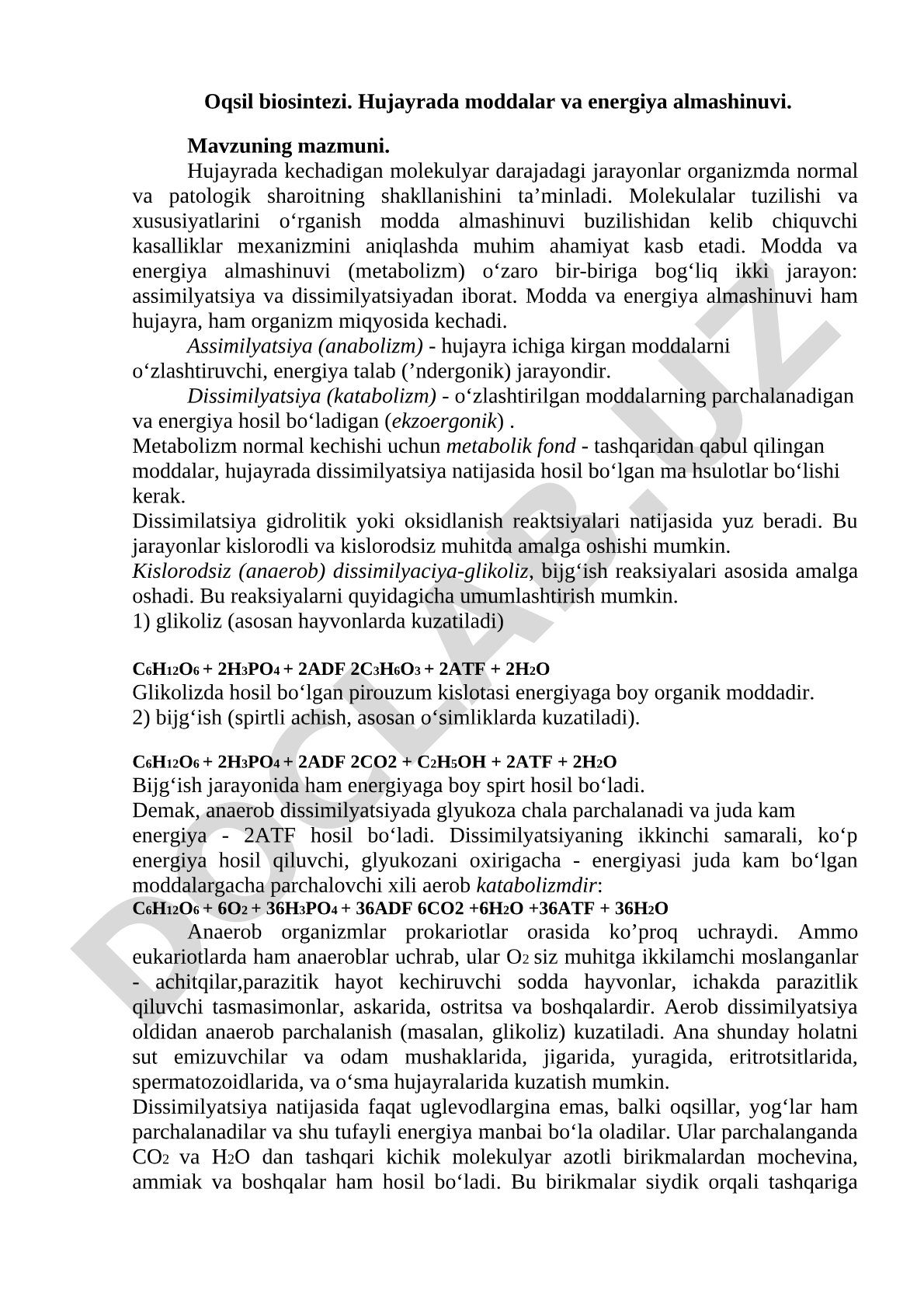 Oqsil biosintezi va hujayrada moddalar almashinuvi