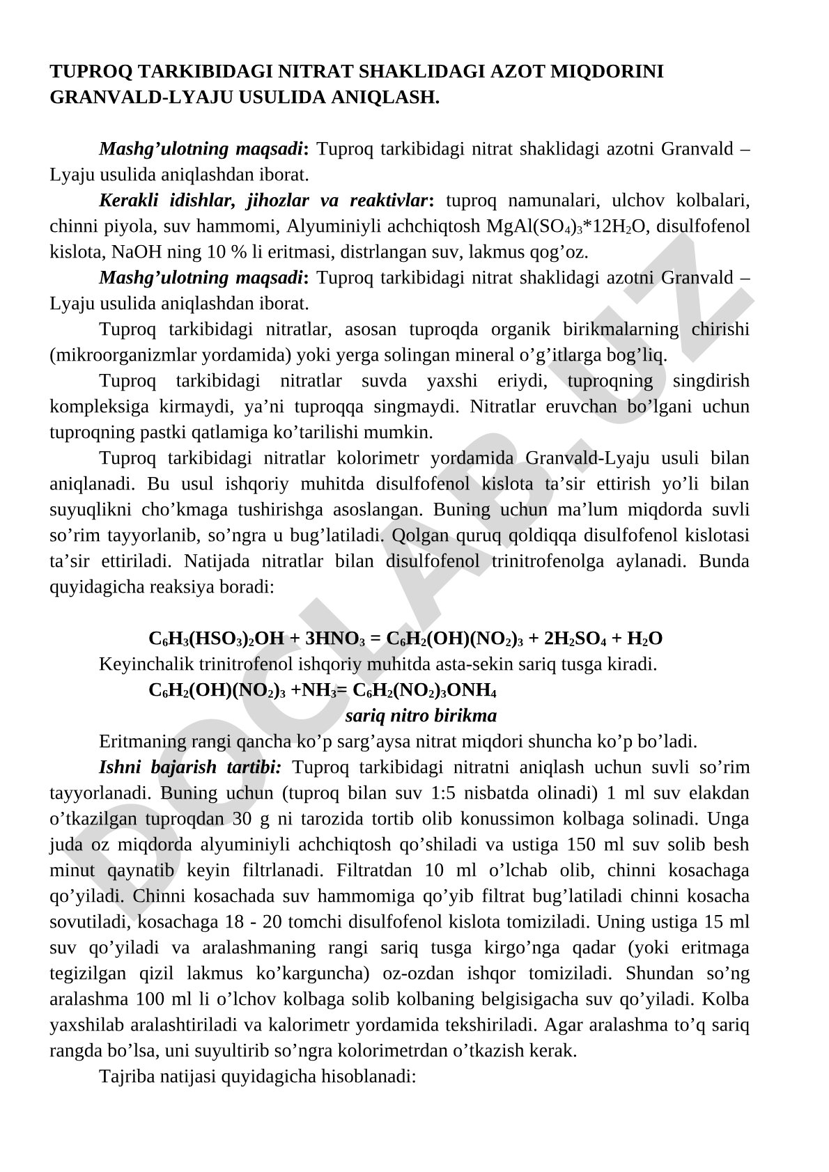 Tuproq tarkibidagi nitrat shaklidagi azot miqdorini Granvald-Lyaju usulida aniqlash