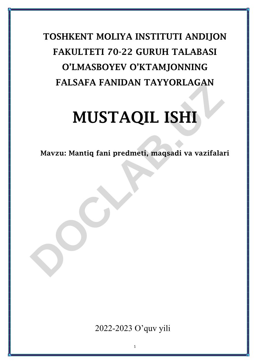 Mantiq fani predmeti, maqsadi va vazifalari