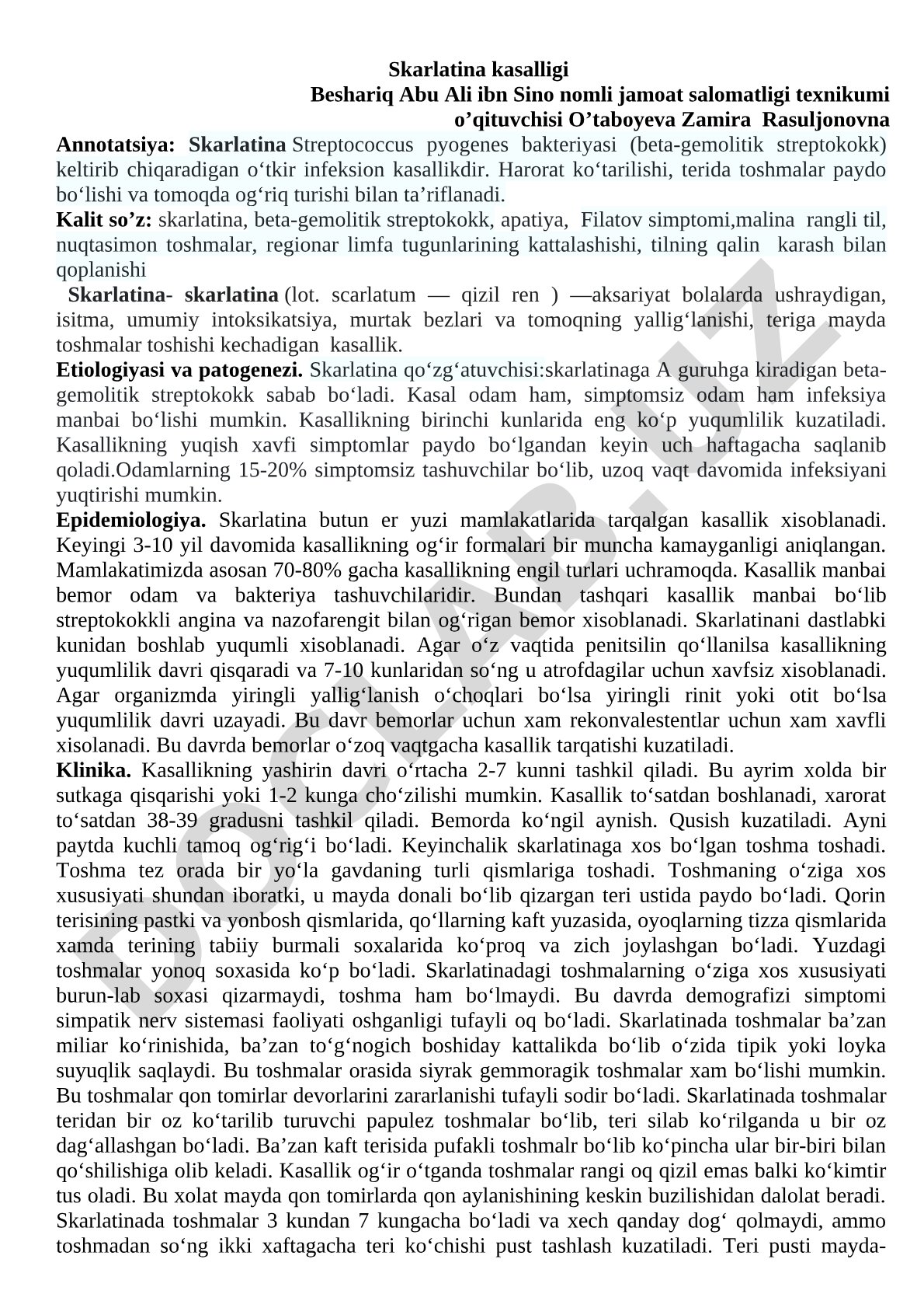 Skarlatina kasalligining etiologiyasi, patogenezi va klinik belgilari yoritilgan