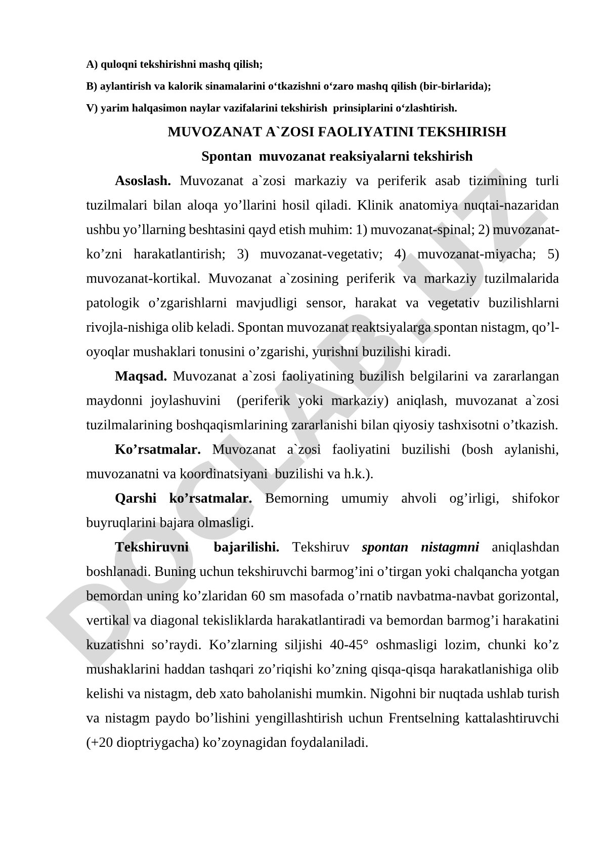 Muvozanat a'zosi faoliyatini tekshirish