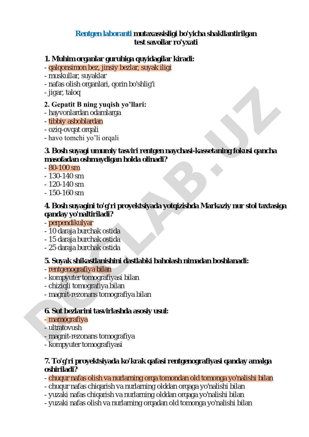 Rentgen laboranti mutaxassisligi bo'yicha test savollari