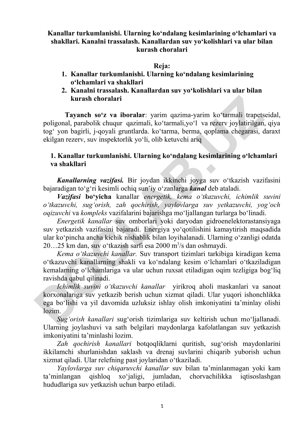 Kanallar turkumlanishi, kesim shakllari va suv yo'qotishlari