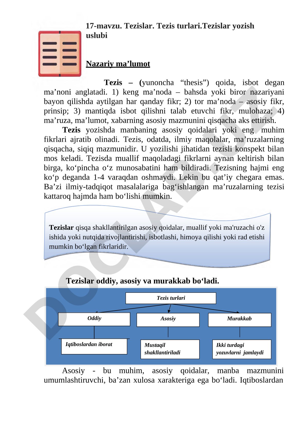 Tezislar. Tezis turlari. Tezislar yozish uslubi