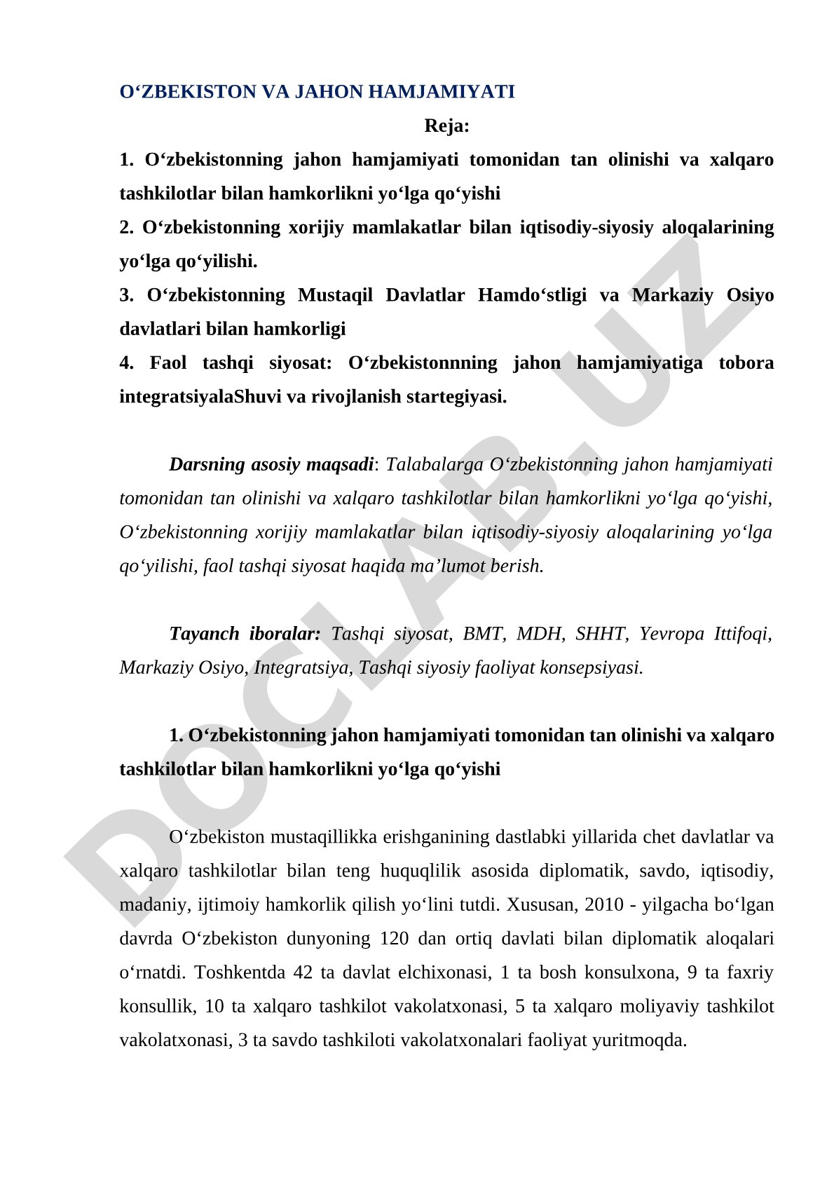 O‘zbekistonning jahon hamjamiyati tomonidan tan olinishi va xalqaro tashkilotlar bilan hamkorlik
