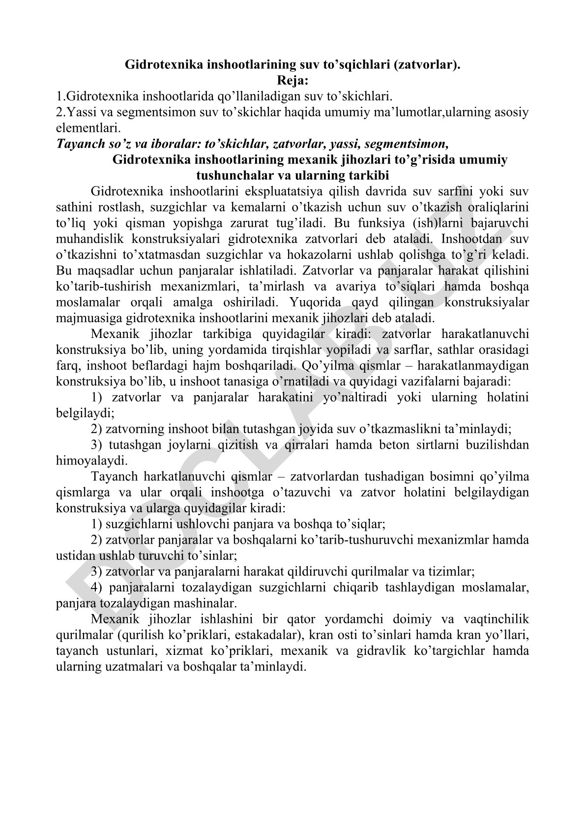 Gidrotexnika inshootlarining suv to'sqichlari (zatvorlar)