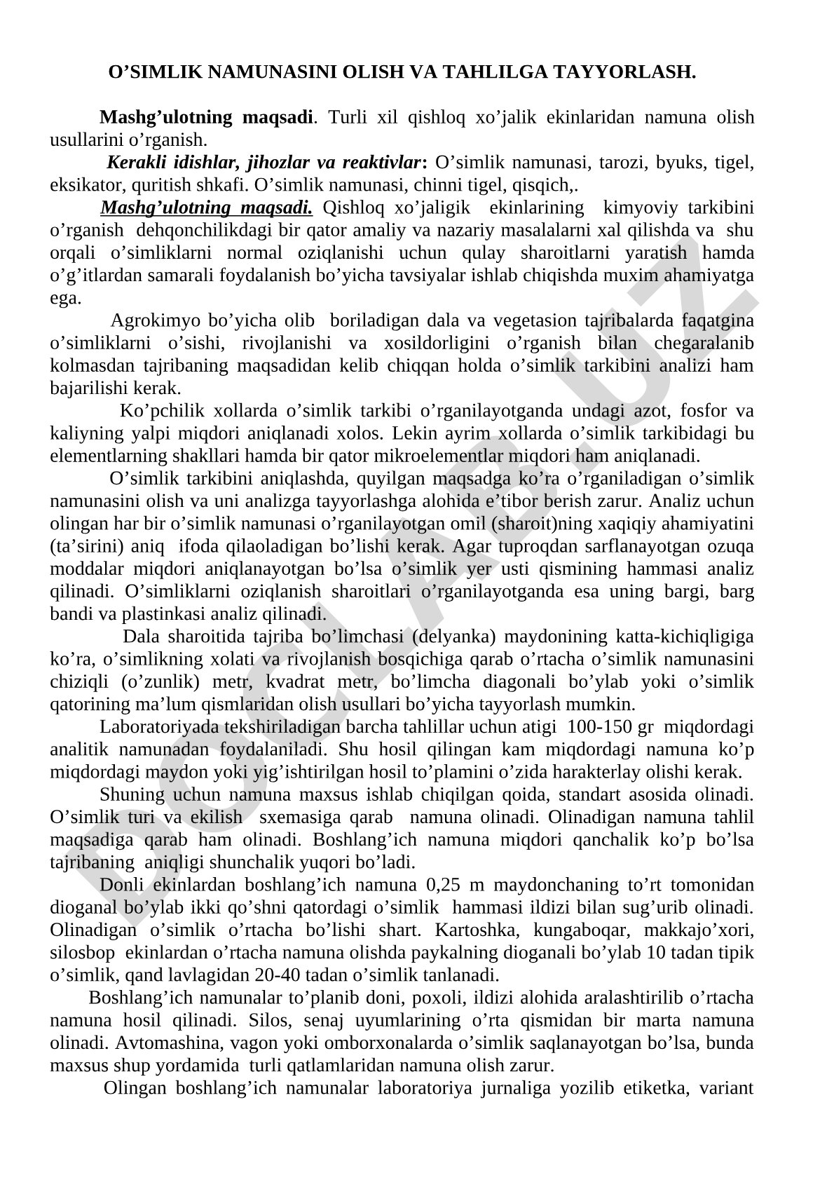 O'simlik namunasini olish va tahlilga tayyorlash