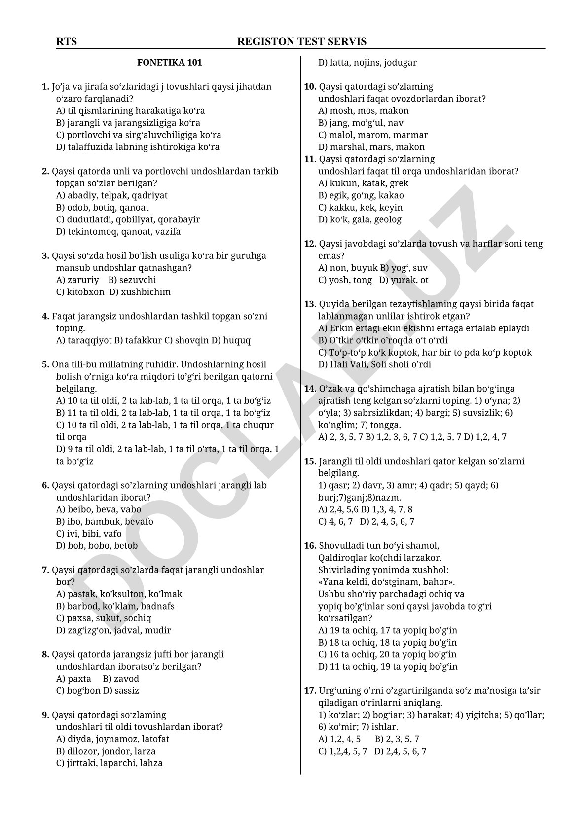 Fonetika bo'yicha test savollari