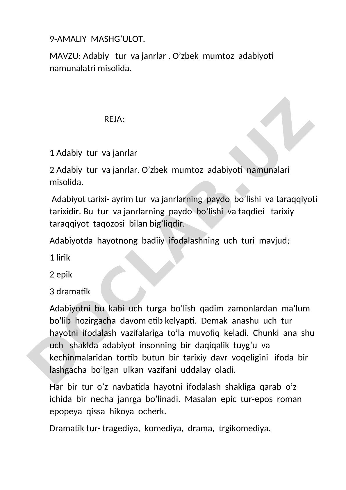 Adabiy tur va janrlar . O’zbek mumtoz adabiyoti namunalatri misolida.