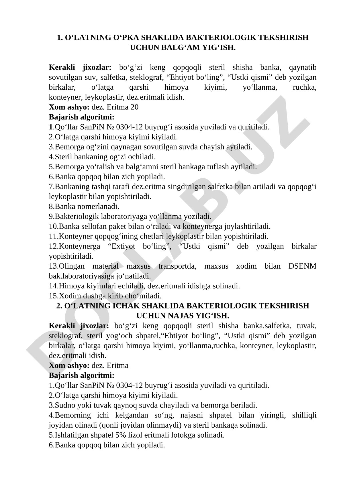 O‘latning o‘pka shaklida bakteriologik tekshirish uchun balg‘am yig‘ish