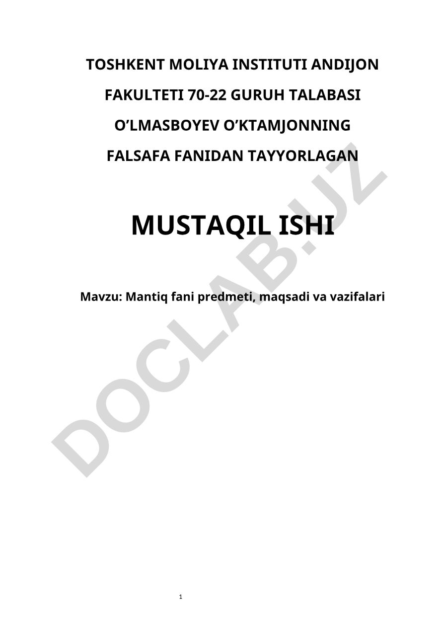Mantiq fani predmeti, maqsadi va vazifalari