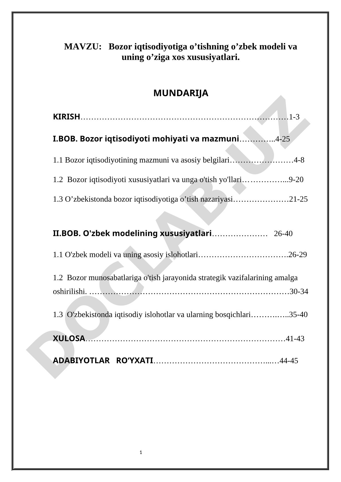 Bozor iqtisodiyotiga o’tishning o’zbek modeli va uning o’ziga xos xususiyatlari