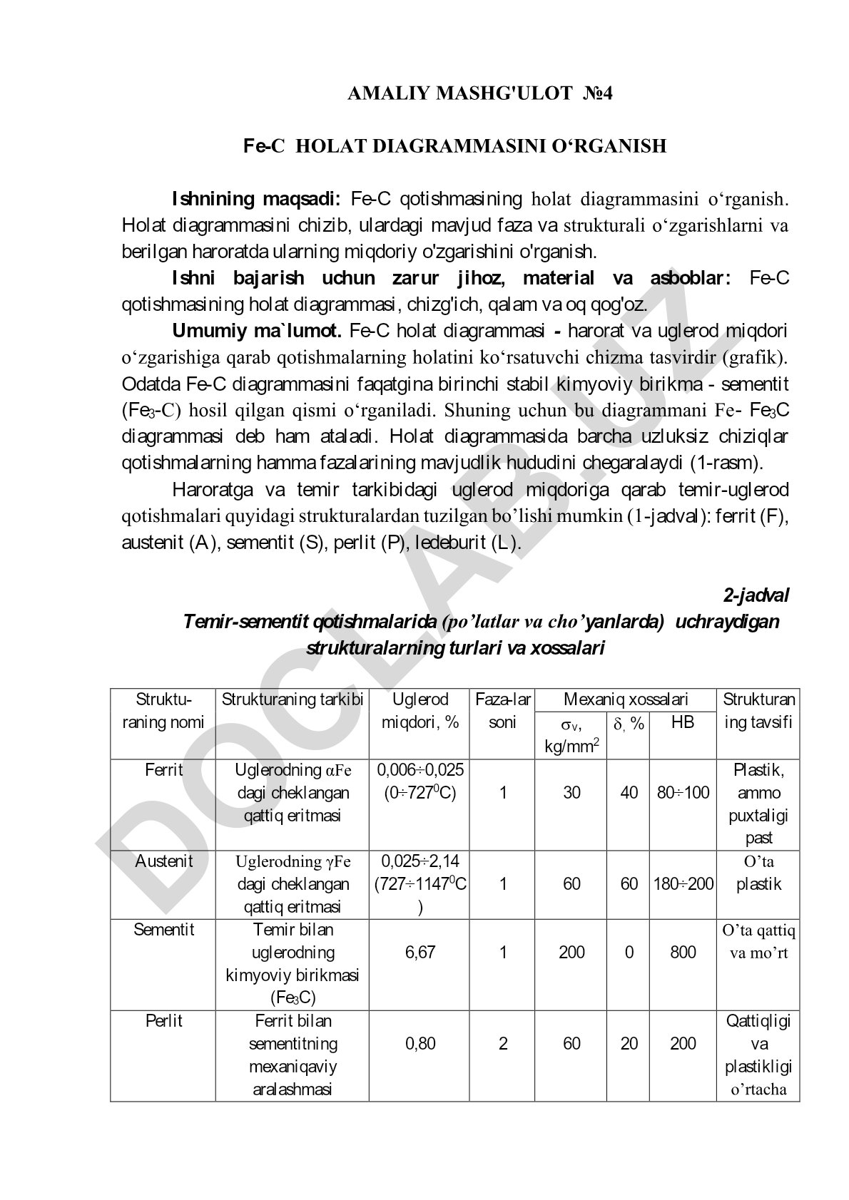 Fe-C holat diagrammasini o'rganish
