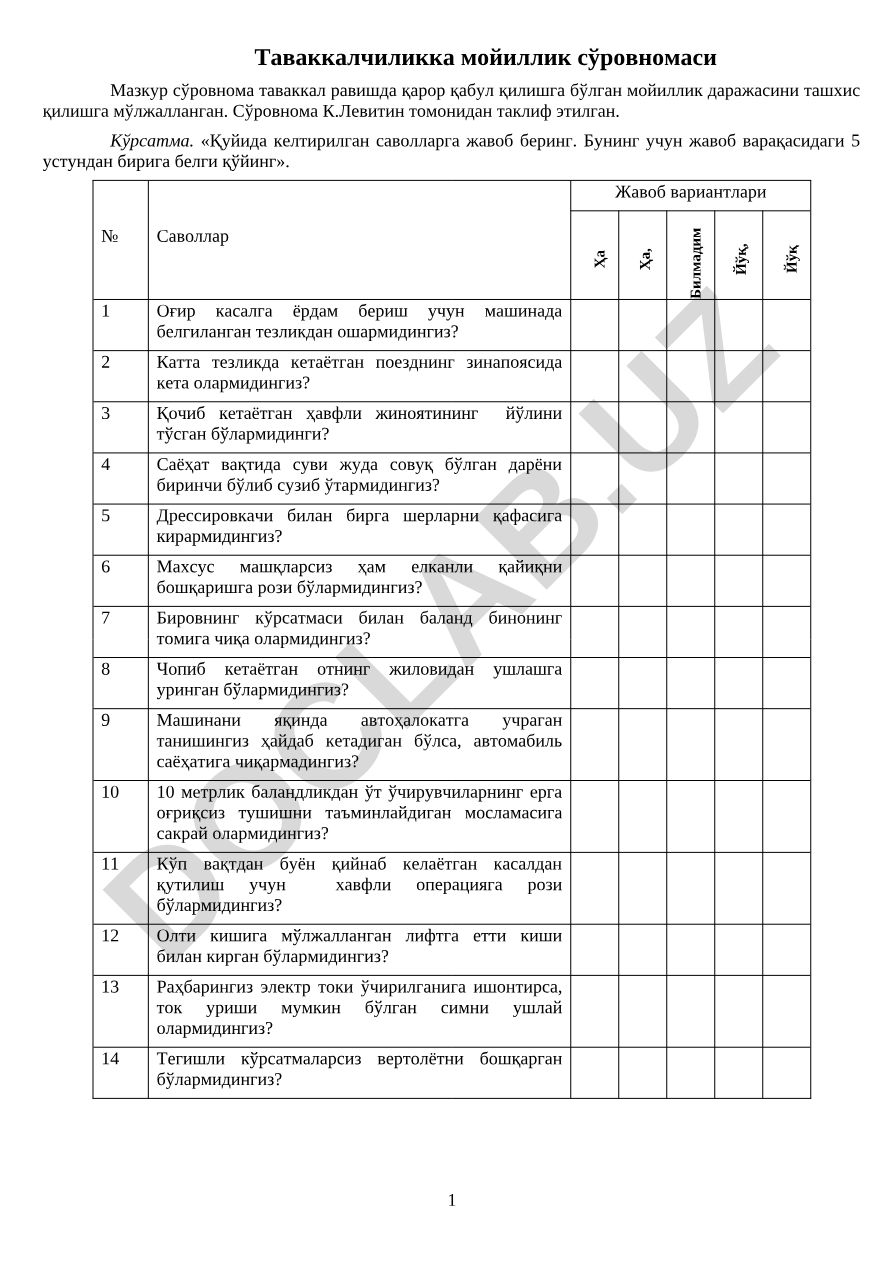 Таваккалчиликка мойиллик сўровномаси